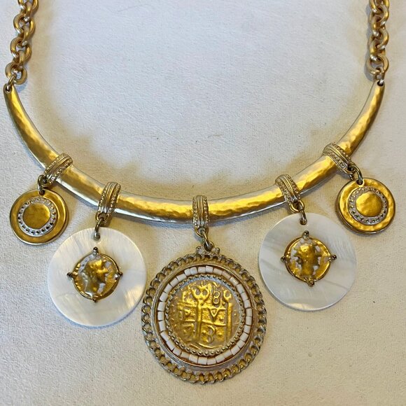 Chico's Set Necklace Bracelet Coin Pendant Gold Tone Metal Mother Of Pearl Stone - Picture 4 of 15